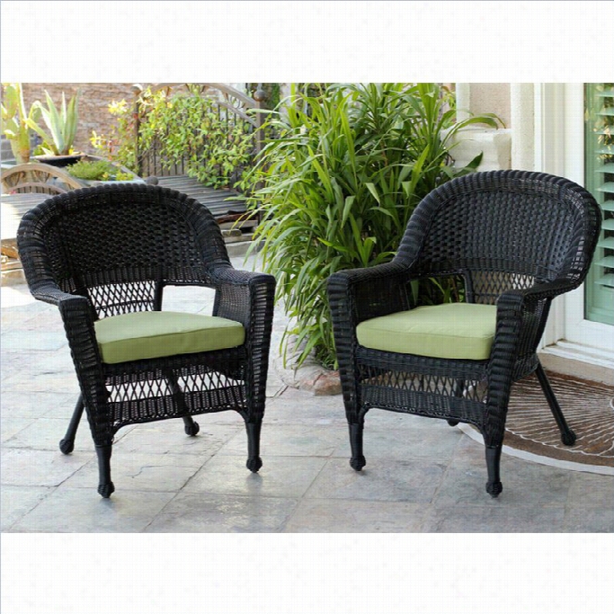 Jec Wicker Chair In Black With Green Cushion (set Of 2)