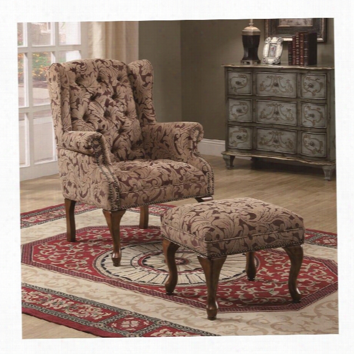 Coaster Queen Anne Button Tufted Wing Accent Chair With Ottoman  In Chenille Fabric