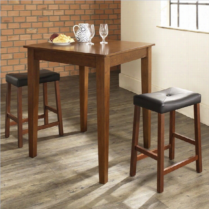 Crosley Furniture 3 Piece Pub Dining Set With Tapred Leg And Upholstered Sadd1e Stools In Classic Cherry Finish