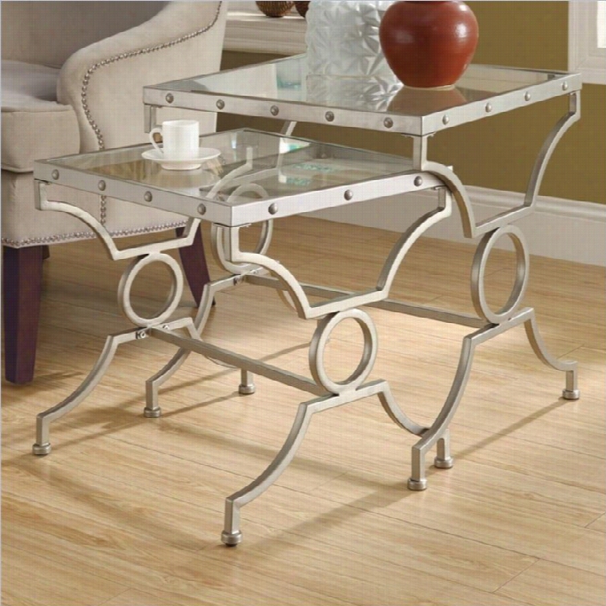 President 2 Piece Square Nesting Tables In Satin Silver With Glass Top