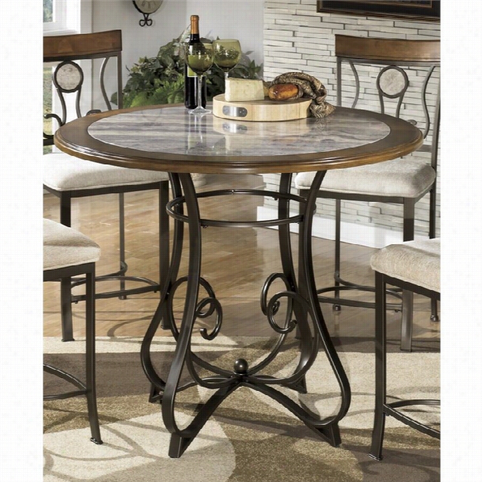 Ashley Hopstand  Round Counter Height Faux Marble Dining Table In Brown