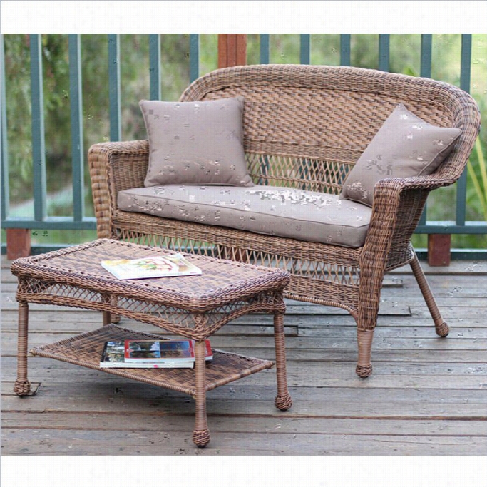 Jeco Wicker Patio Love Seat And Coffee Table Set In Hjoey Upon Brown Cushion