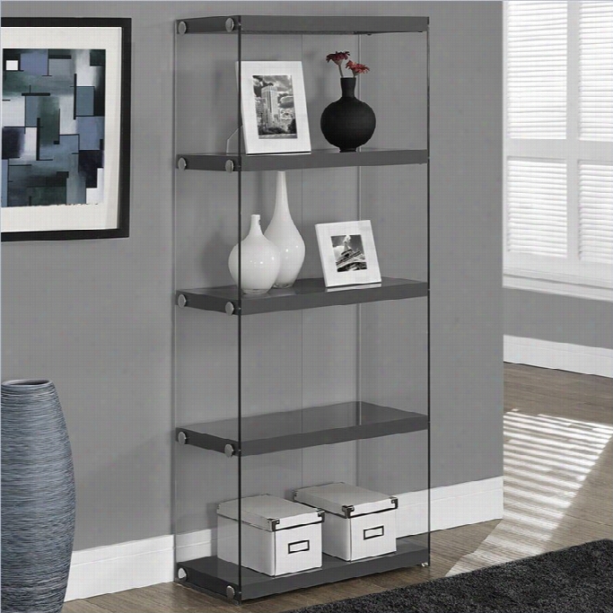 Monrch Hollow-core 60 Bookkcase In Glossy Gray With Tempered Glass