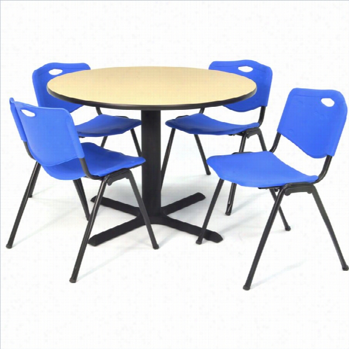 Regency Round Lun Chroom Tabl Eand 4 Blue M Stack Chairs In Beige