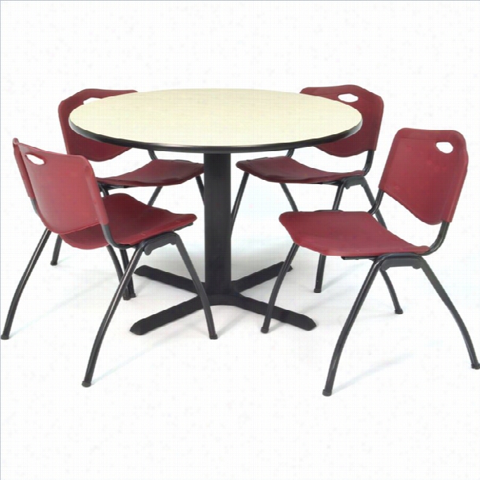 Regency Round Lunchroom Table And 4 Burgundy M Stack Chars In Maple