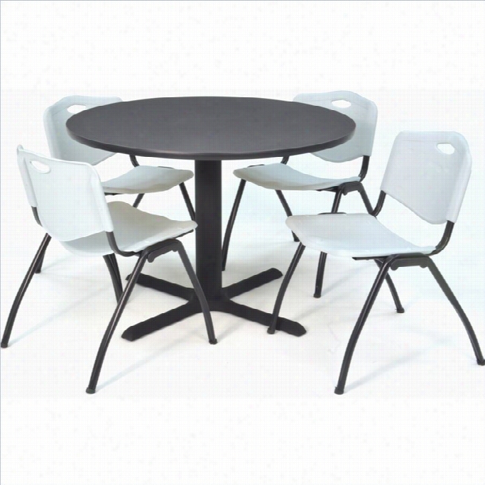 Regency Roundd Lunchroom Table And 4 Grey M Stack Chairs In Grey