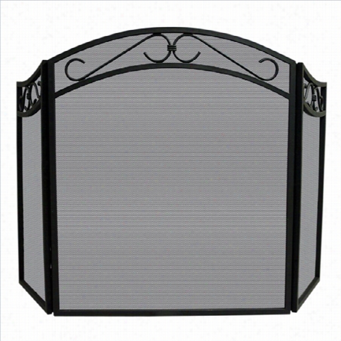 Uniflame 3 Fold Black Wrought Irona Rch Top Decorative Scrolls Screen