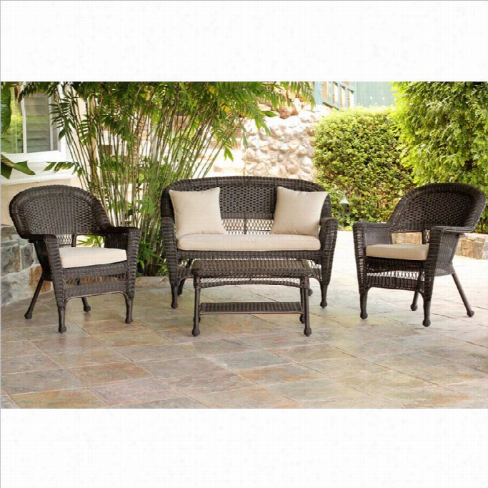 Jeco 4pc Wicker Conversation Set In Espresso With Tan  Cushions