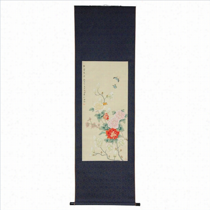 Oriental Blossom And Butterflies Chinese Scroll Wall Decor In Blue