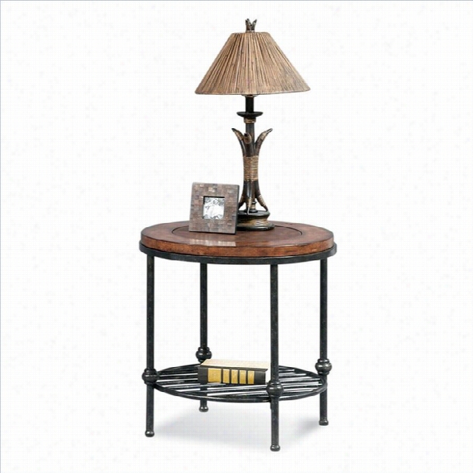 Bassett Mirror Bentley Round End Table With Inset Leather In Tobacco