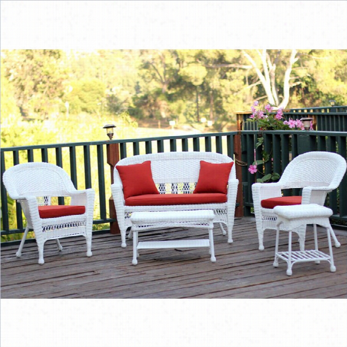 Jeco 5pc Wicker Conversation Set In White By The Side Of Red Orange Cushions