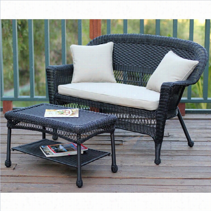 Jeco Wicker Patio Love Seat And Coffee Table Set In Wicked With Tan Cushion