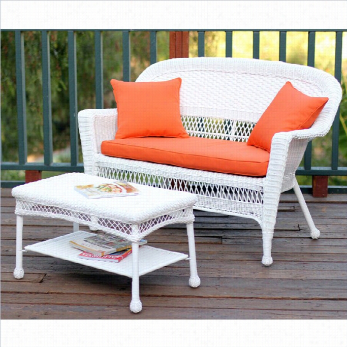 Jeco Wicker Patio Love Seat And Coffee Table Set In White Attending Orange Cushion