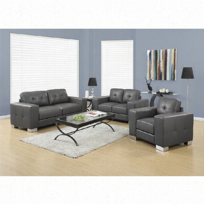 Monarch 3 Composition Leather Sofa Set In Charcoal Gray