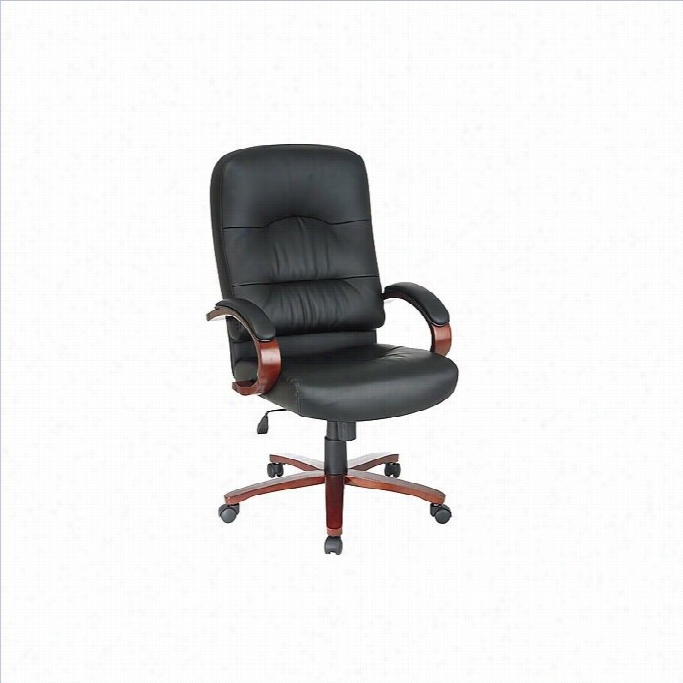 Office Star High Back Executive Leather Offide Chair With Cherry Finish Wood Base And Arms