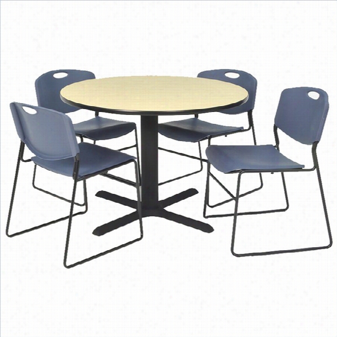 Regency Round Tab Le With 4 Zeng Stack Chairs In Mape And Blue-30 Inch