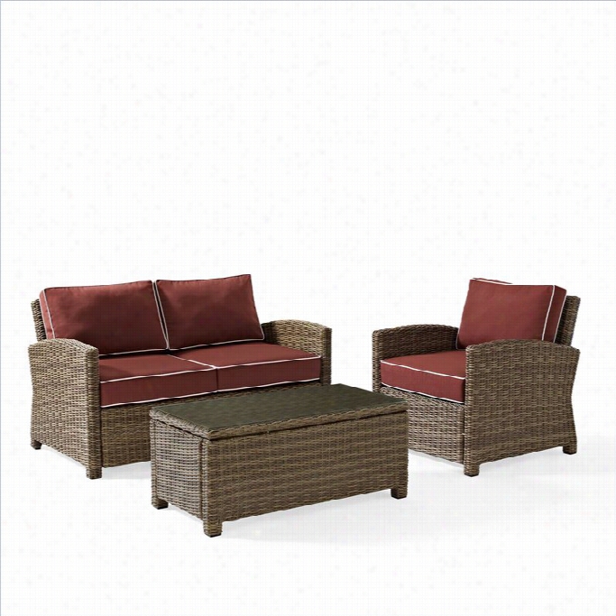 Crosley Furniture Bradenton 3 Piece Outdoor Wicker  Seatings Et With Sangria Cushions