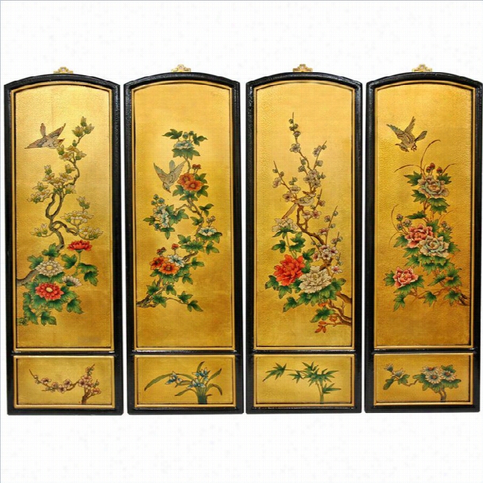 Oriental Movables Bird And Flowers Wall Plaques In Gold (set Of 4)