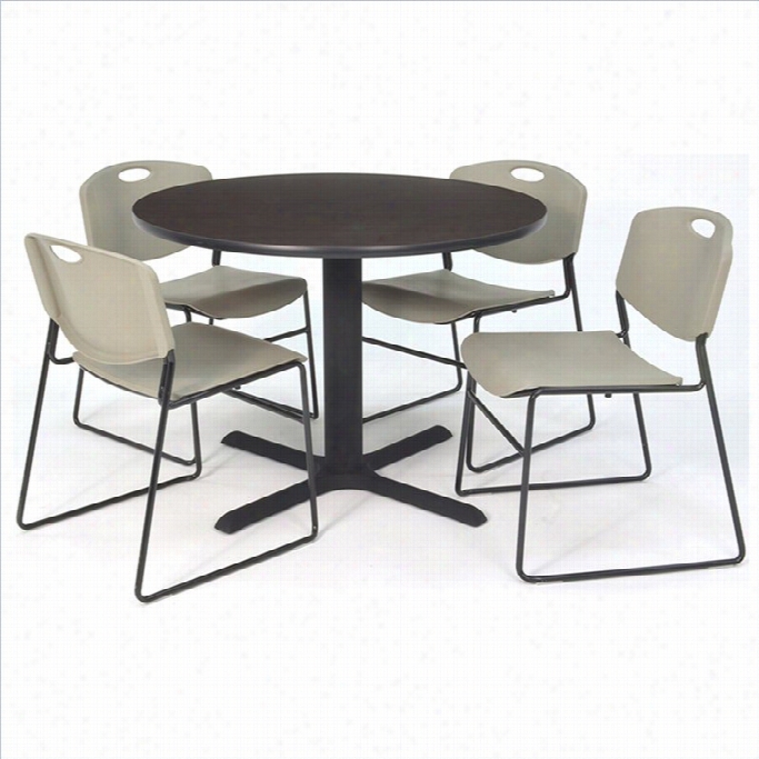 Regency Round Table With 4  Zeng Stack Chairs In Mocha Walnut And Grey-30