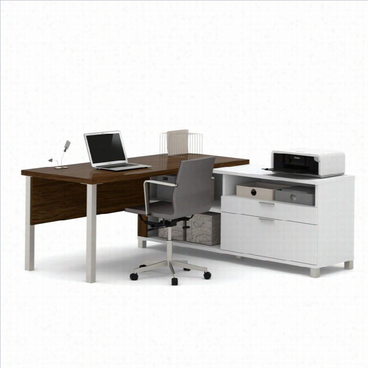 Bestar Po-linea L-desk In White And Oak Barrel