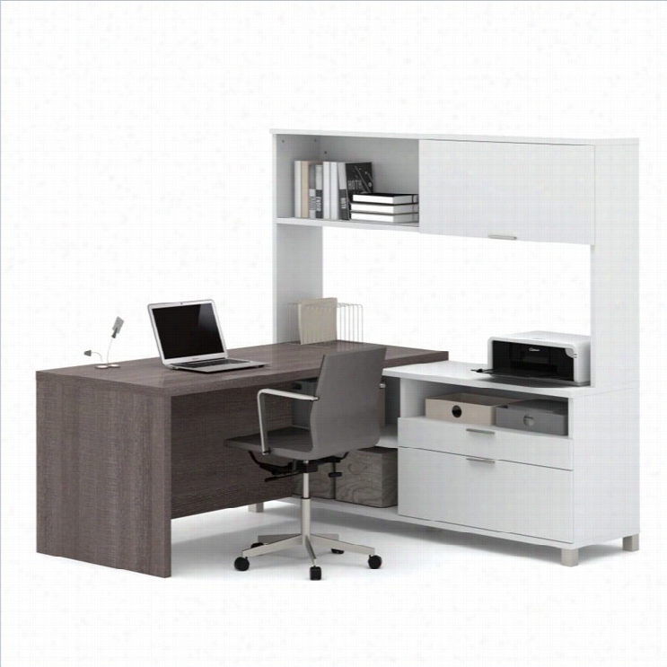 Bestar Pro-linea L-desk With Hutch In White And Bark Grsy