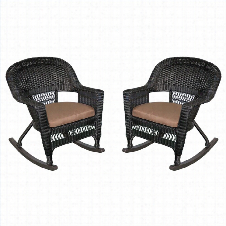 Jeco Wicker Rocker Chair In Black With Brown Cushion (ste Of 2)