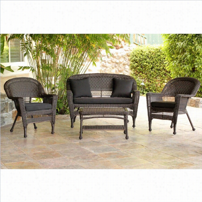 Jeco 4pc Wicker Conversation Se Tin Espresso Wiht Black Cushions