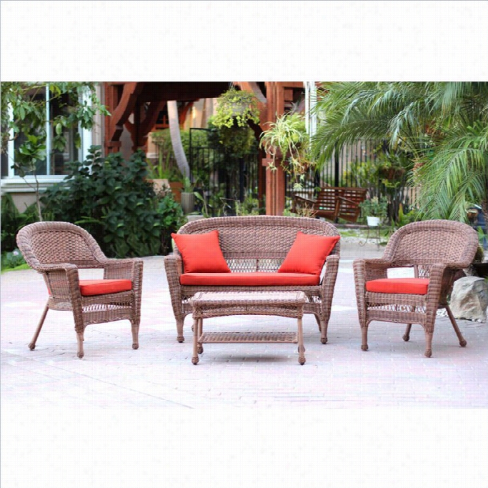 Jeco 4pc Wicker Conversation Set In Honey With Red Oarngec Ushions