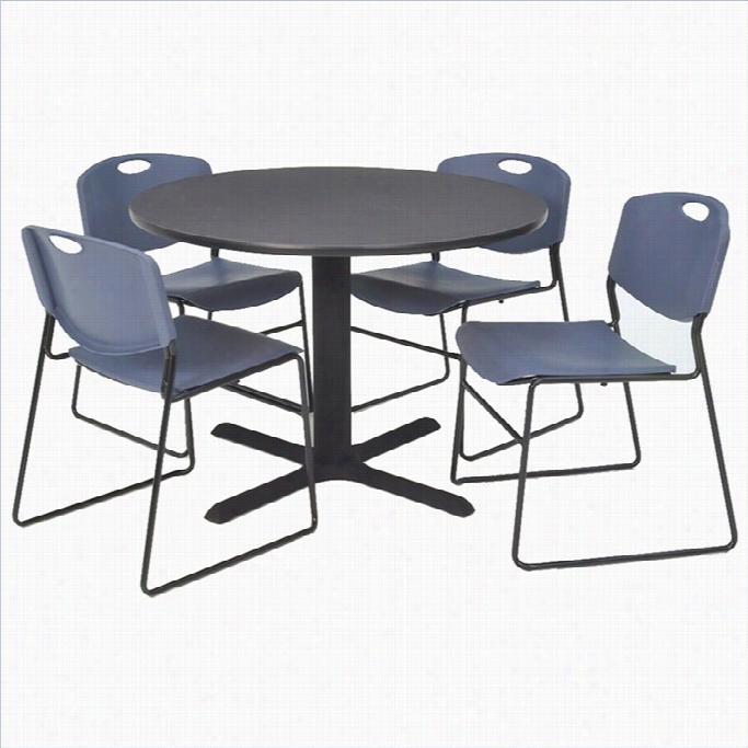 Regency Round Synopsis With 4 Zeng Stack Chairs In Grey And Blue-30 Inch