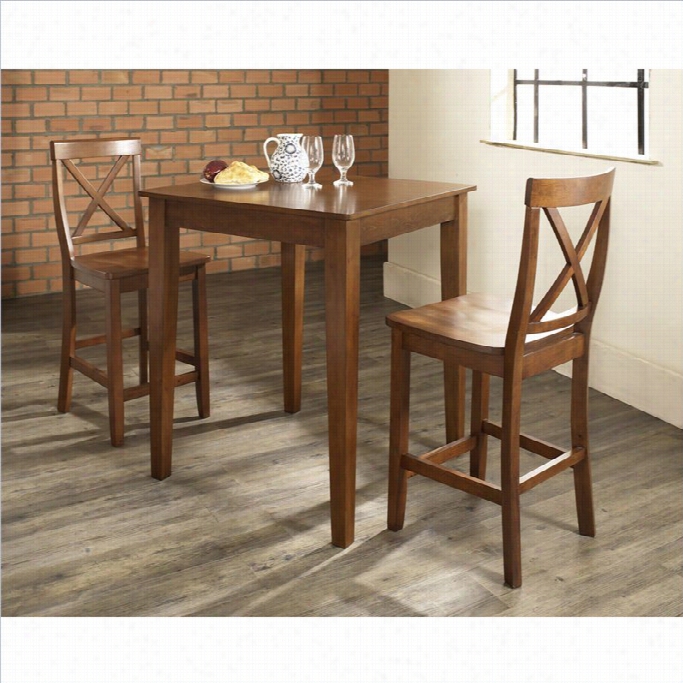 Crosley Furniture 3 Piece Pub Dining Set With Tapered Leg And X-back Stools In Classic Cherry Finish