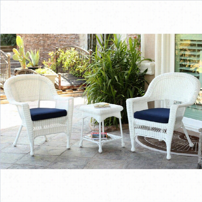 Jeco 3pc White Wicker Cha Ir And End Table Set In White With Blue Chair Cushion