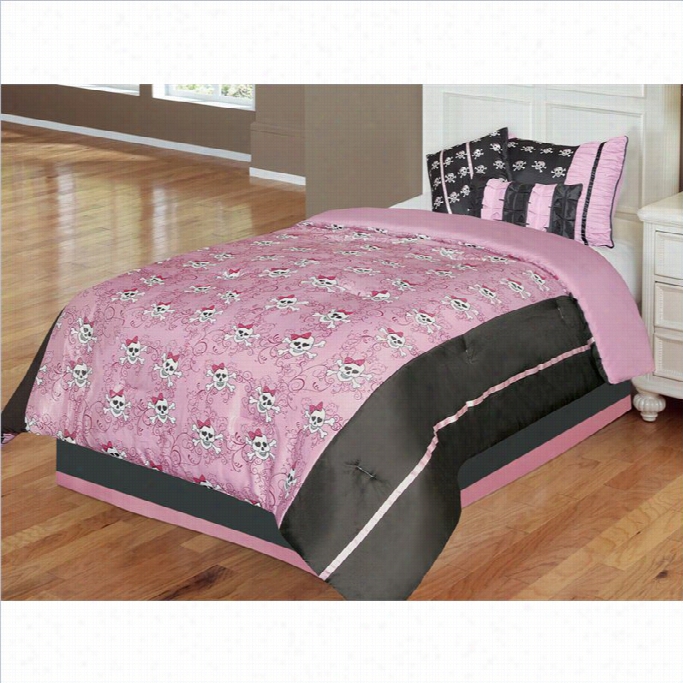 Kids Pirate Jane 5 Or 6 Piece Comforter Set In Pink And Black-5 Piece Twin