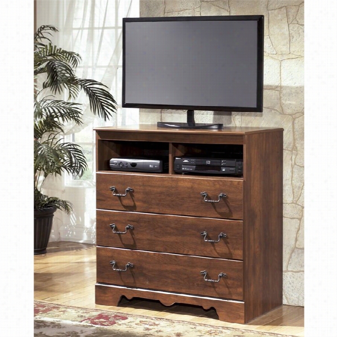 Ashley Timberline 3 D Rawer Wood Media  Chest In Warm Bron