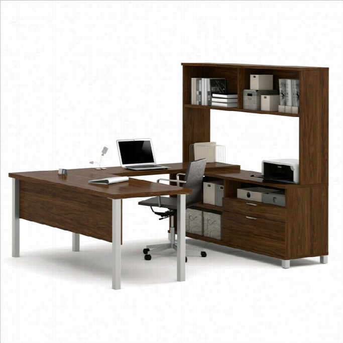 Bestar Pro-linea U-desk With Hutc In Oak Brrel