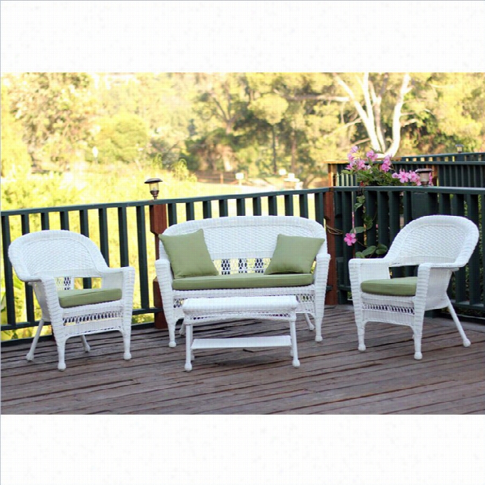 Jeco 4pc Wicker Conversation Set  In White Withgreen Cush Ions