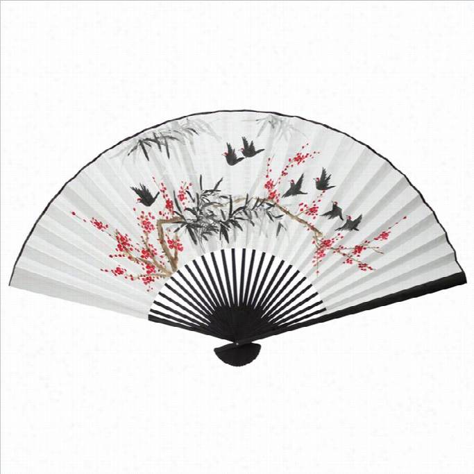 Oroental Furniture Red Flow Ers And Birds Fan Wall Decor In White-medium