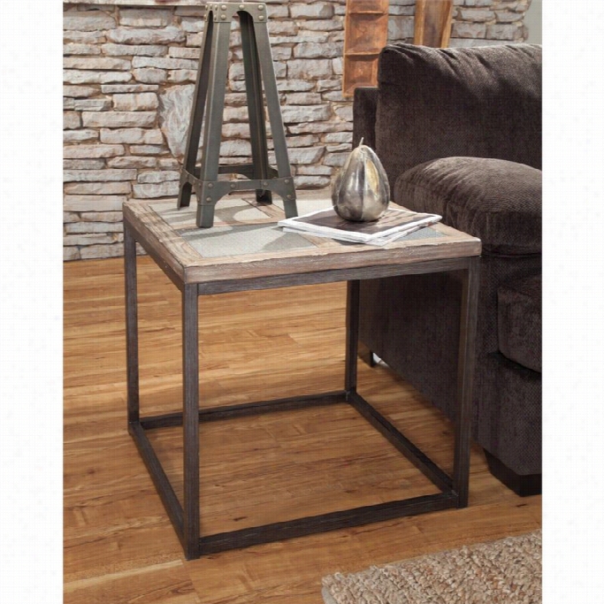 Ashley Tamilo  Square End Table  With Tille Ibset I Grayish Brown