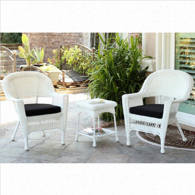 Jeco 3pc White Wicker Chair And End Table Set In White With Dark Cair Cushion
