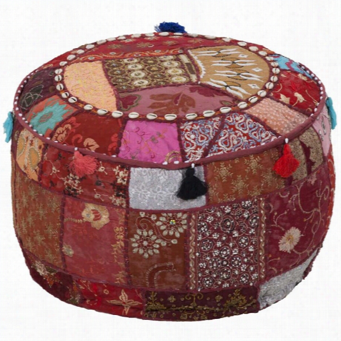 Sura Cotton Cylinder Pouf Ottoman In Burgundy