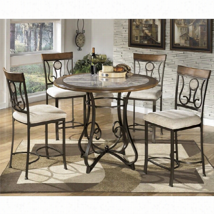 Ashley Hopstand 5 Piece Round Counter Height Dining Set N Brown