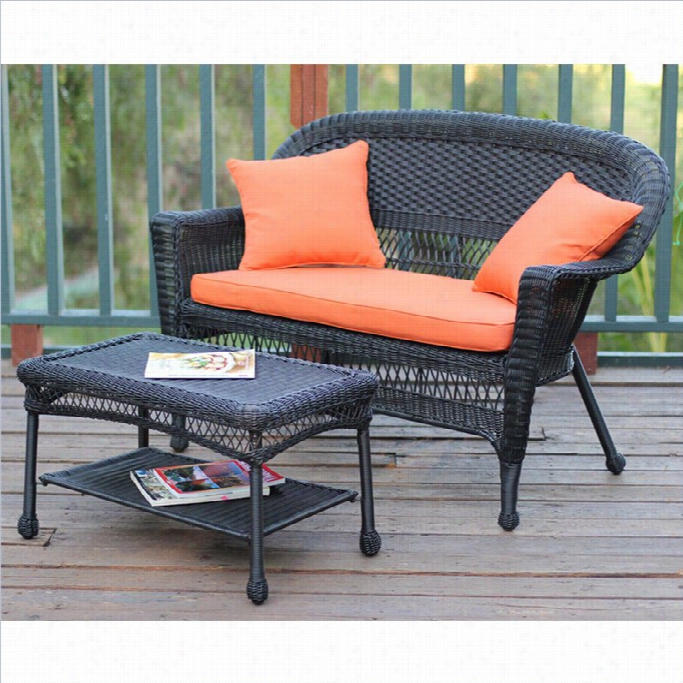 Jeco Wicker Patio  Love Seat And Coffee Table Set In Black With Orange Cushion