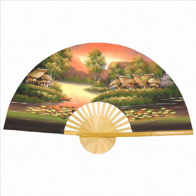 Oriental Furniture Golden Village Wall Fan Decor In Multicolor-width 40