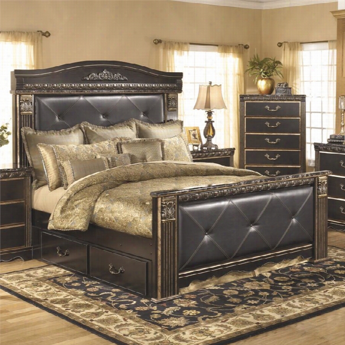 Ashley Coal Creek Puolstered King Panel Drawer Bed In Dark Brown