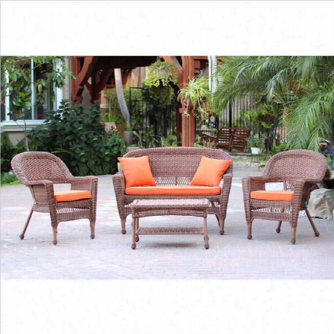 Jceo 4pc Wicker Conversation Set In Honey With Brick Orange Cushions