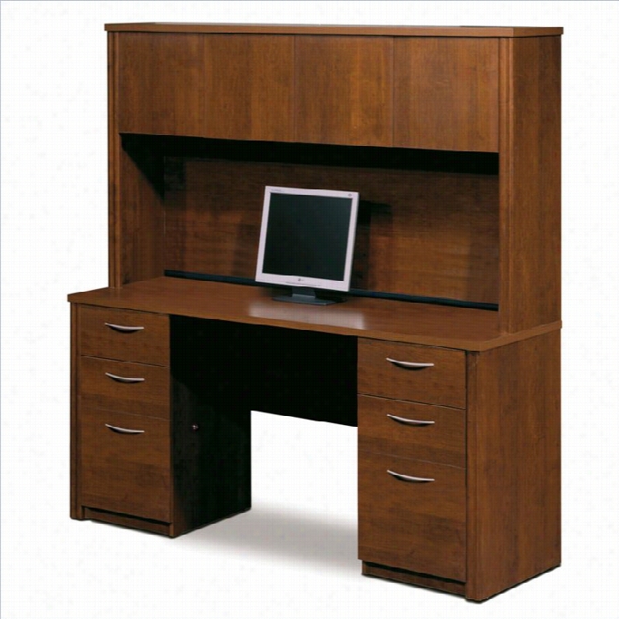 Bestar Embassy Home Office Double Pedestal Wood Computer D Esk With Hutch In Tuscany Brown