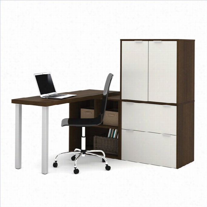 Bestar I3 L-shaps Workstation With Storage Units  And Hutch In Tuxedo And Sandstone