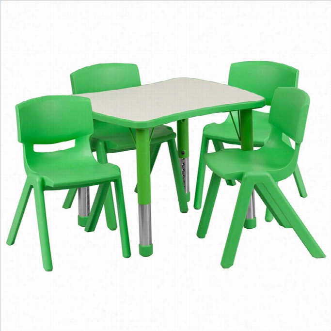 Flash Furniture Curved Rectangular Plastic Alertness Table Set With 4 Sc Hool Stack Chairs In Green