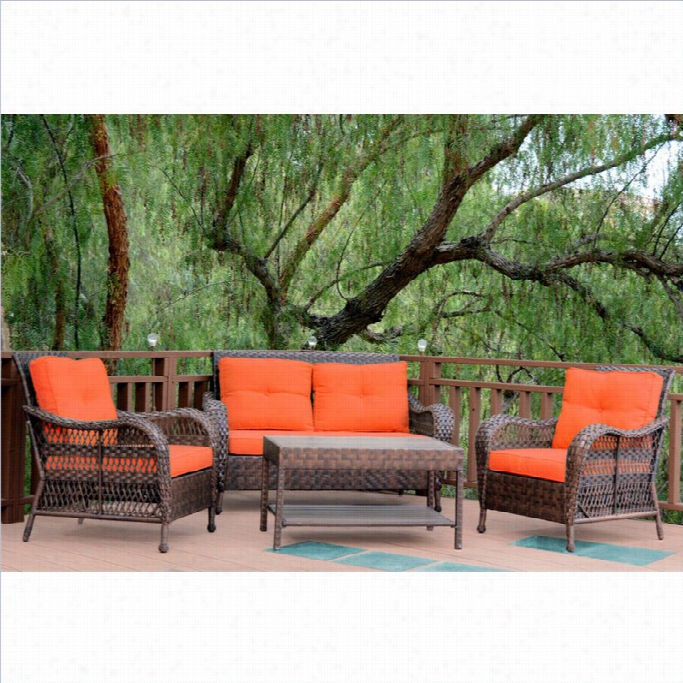 Jeco 4pc Cromwell Wicker Convrsation Set In Esresso With Orange Cushions