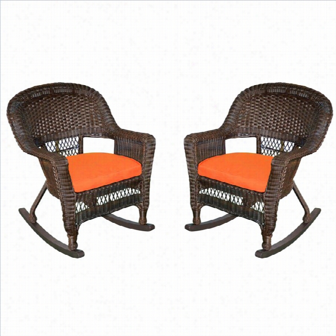 Jeco Wicker Chair In Espresso With Orange Cushion (set Of 4)