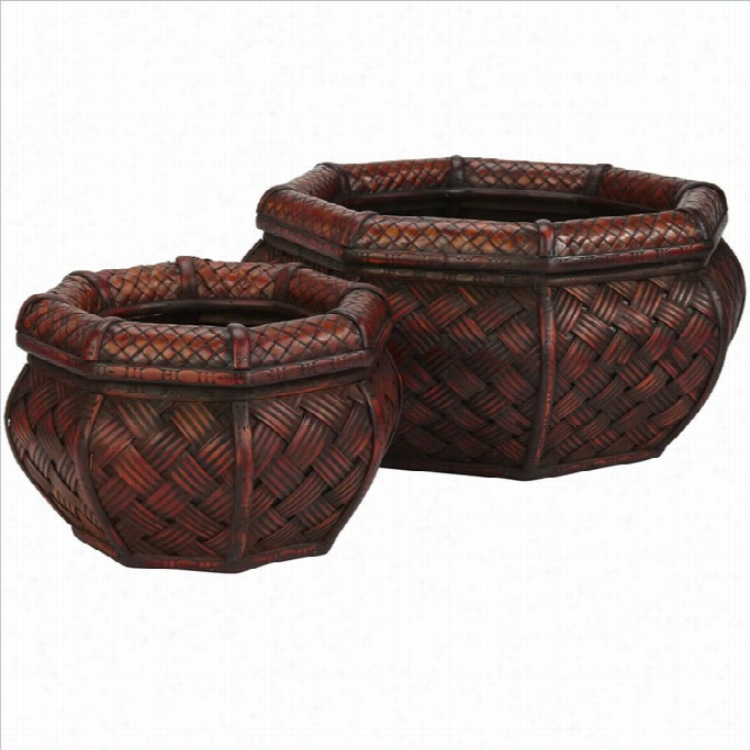 Nearly Natural Rounded Ocatag On Decorative Planters In Brown (set Of 2)